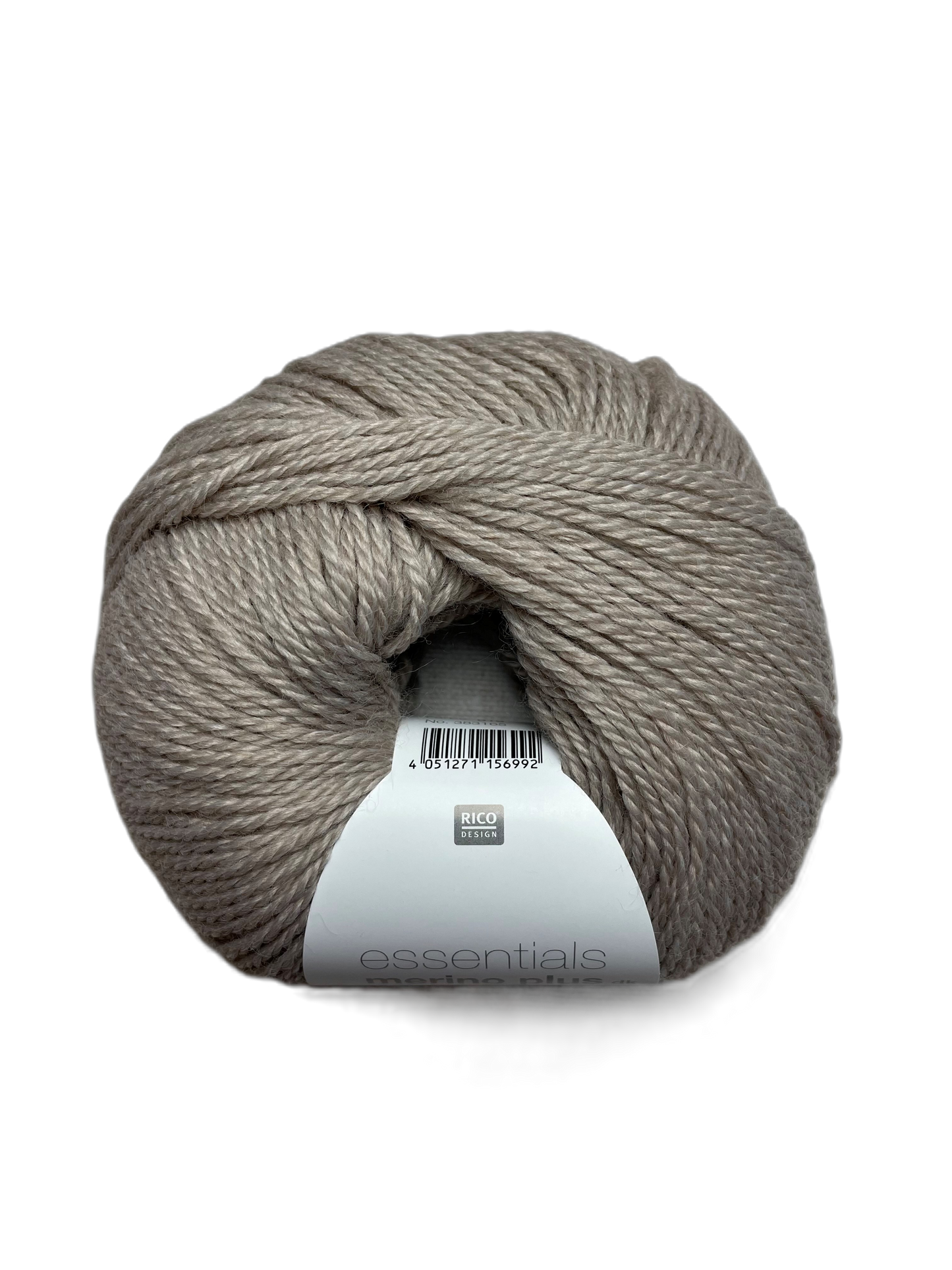 Ball of Rico Design Essentials Merino Plus DK yarn in a stone colourway on a white background.