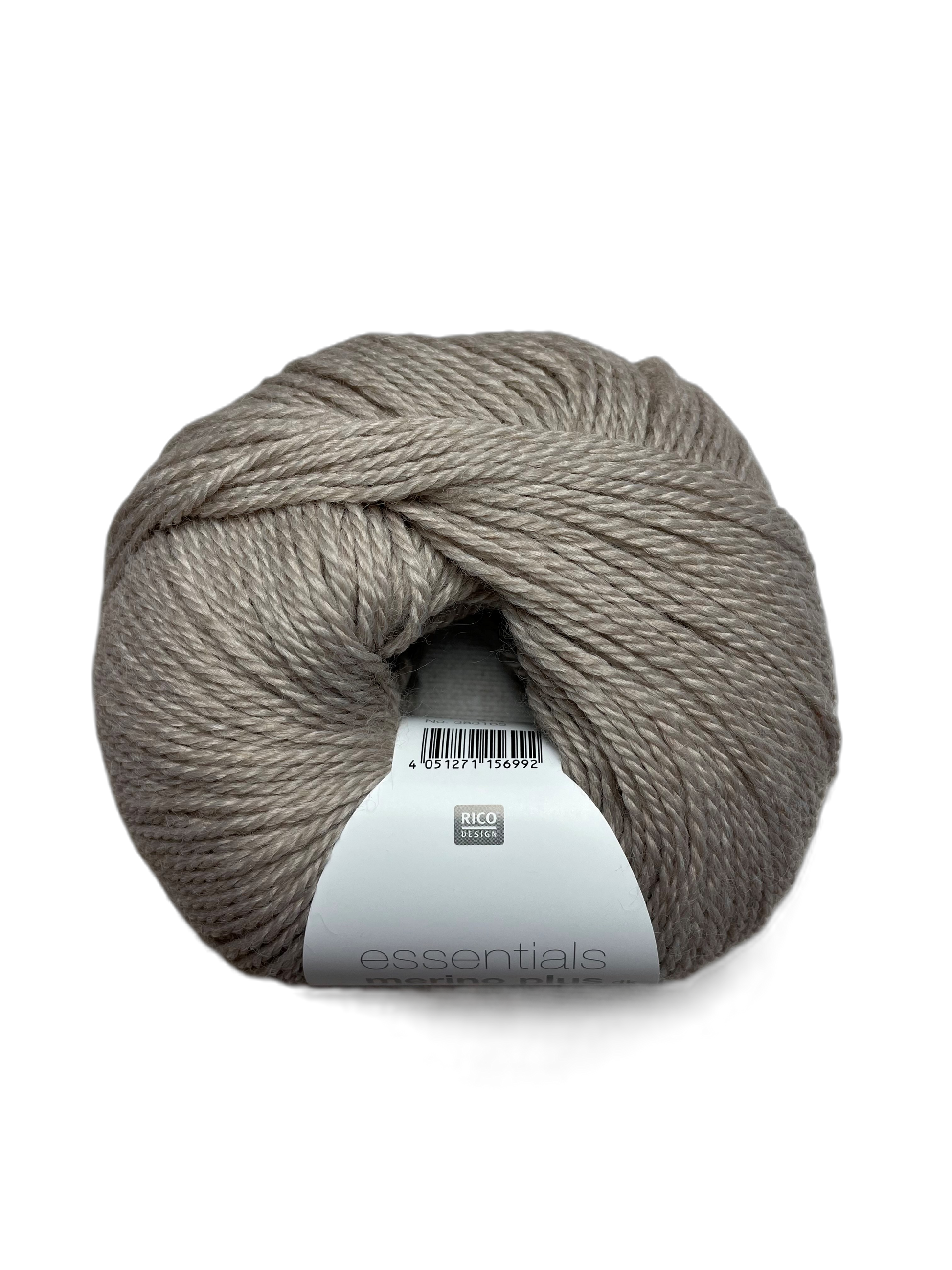 Ball of Rico Design Essentials Merino Plus DK yarn in a stone colourway on a white background.