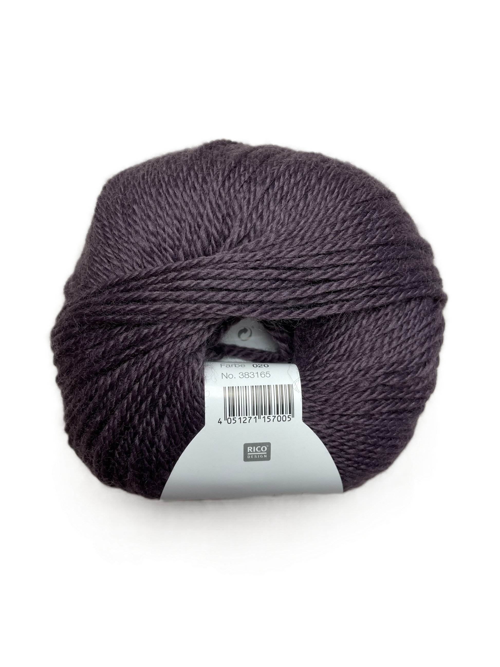 Ball of Rico Design Essentials Merino Plus DK yarn in a dusty purple colourway on a white background.