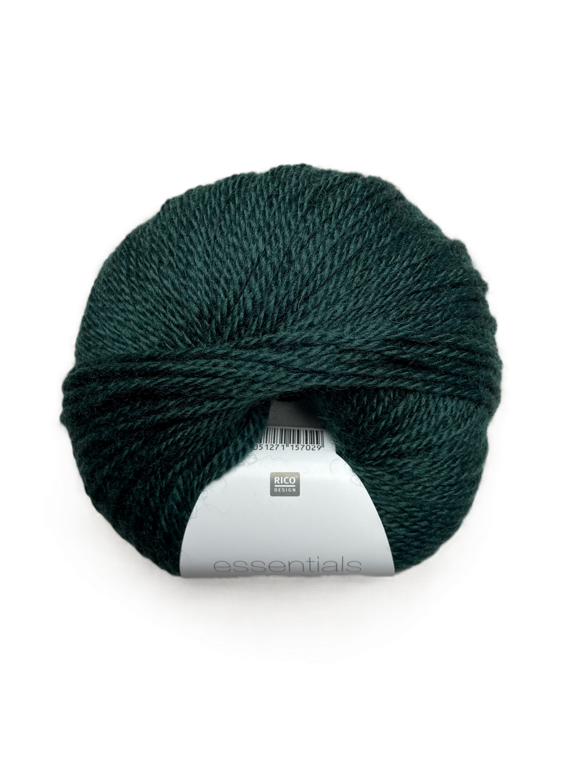 Ball of Rico Design Essentials Merino Plus DK yarn in a dark forest green  colourway on a white background.