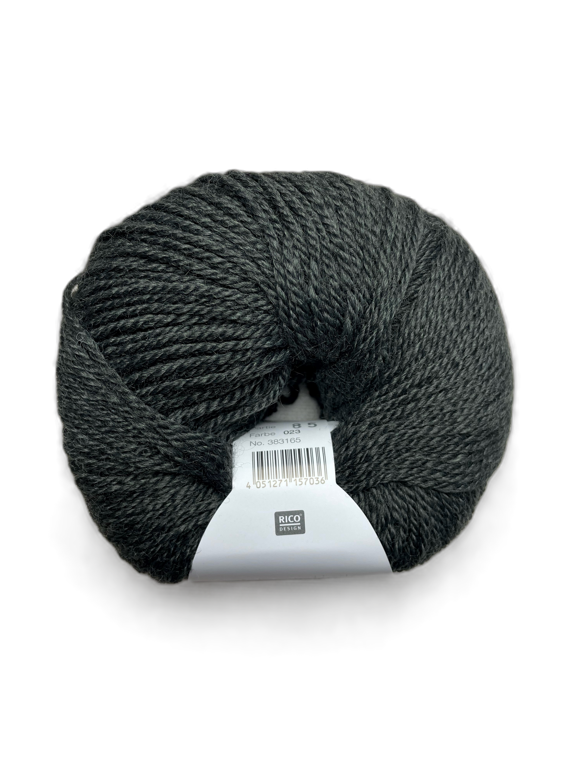 Ball of Rico Design Essentials Merino Plus DK yarn in a dark grey  colourway on a white background.
