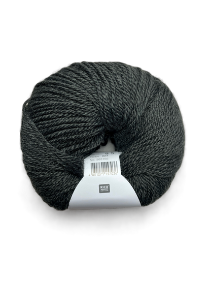 Ball of Rico Design Essentials Merino Plus DK yarn in a dark grey  colourway on a white background.