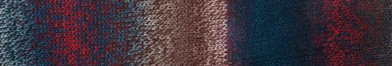 Image shows knitted swatch for Schoppel Zauberball Crazy 4ply/Sock in colourway 1507 Autumn Wind/Herbstwind in mid-blue, rust and  brown.