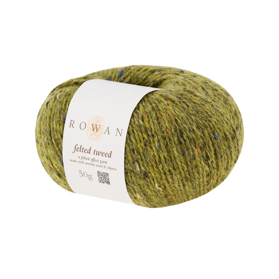 Image shows a ball of Rowan Felted Tweed in shade 161 Avocado, green with flecks of blue, black and cream.
