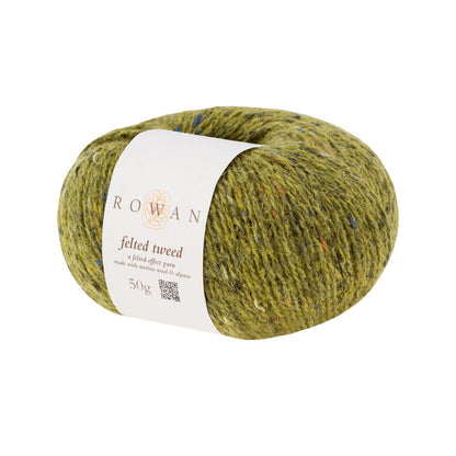 Image shows a ball of Rowan Felted Tweed in shade 161 Avocado, green with flecks of blue, black and cream.