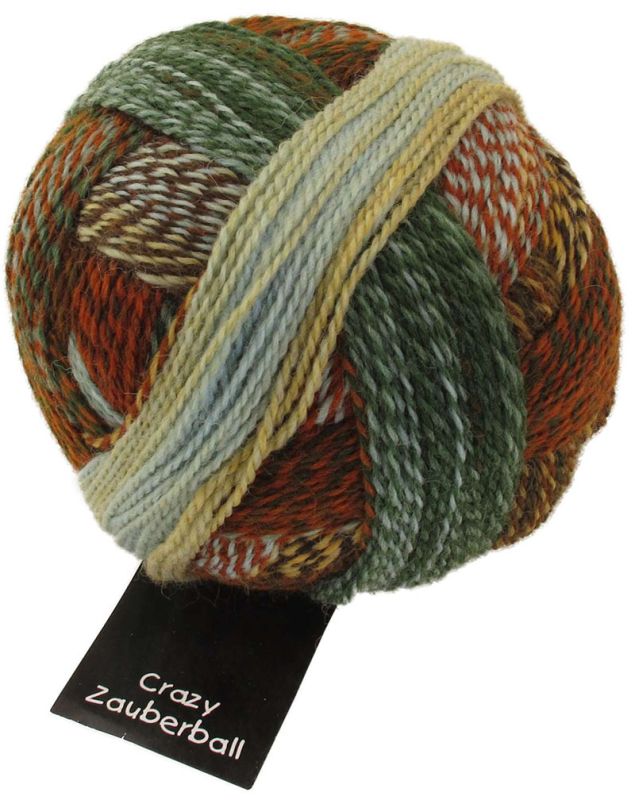 Image shows wound ball of Schoppel Zauberball Crazy 4ply/sock.  The colour is 1660 Riverbed/Flussbett,  with shades of light grey, russet, grey/green and neutral.