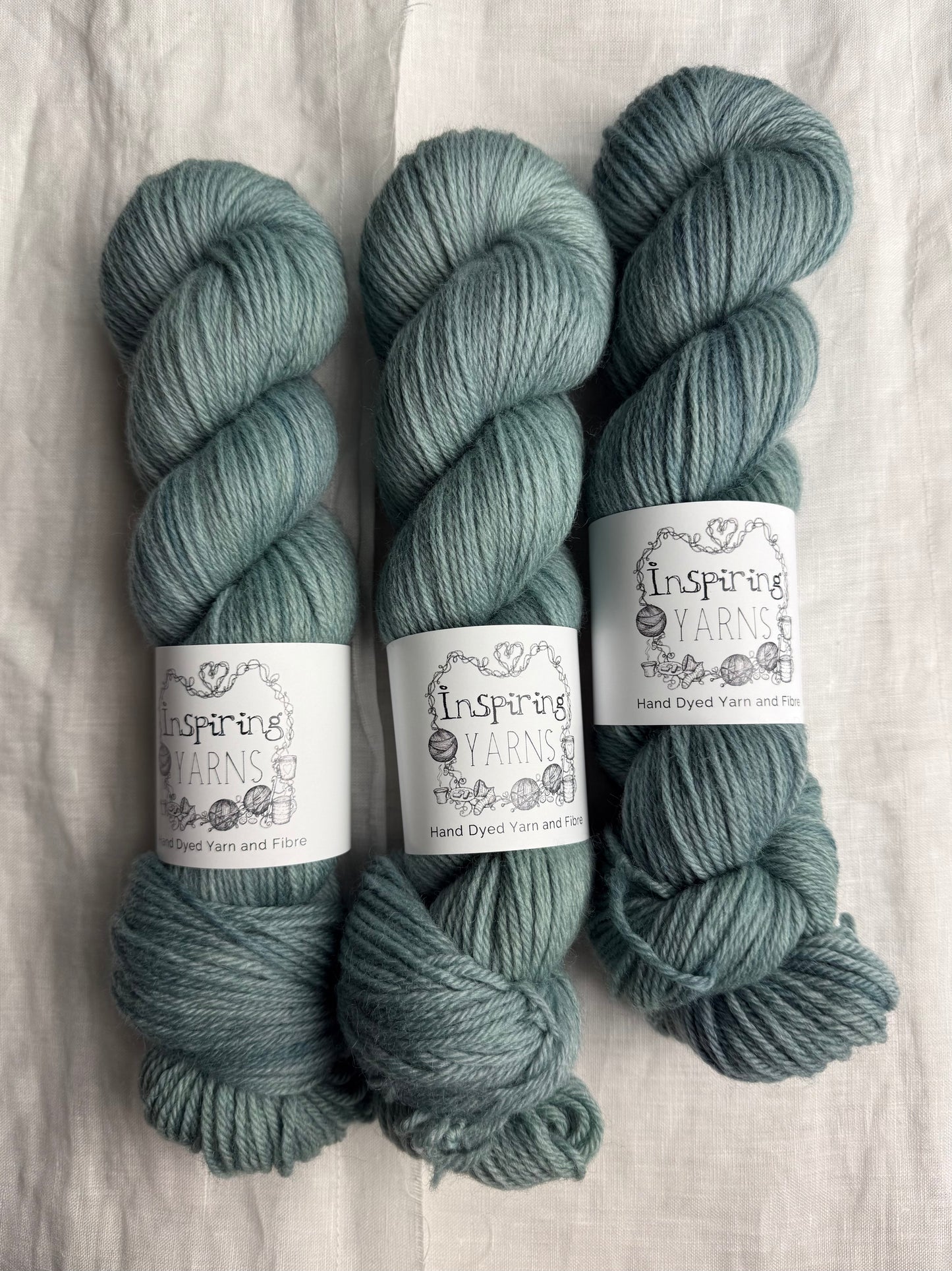 Three skeins of pale teal tonal yarn labelled Inspiring Yarns on a white background