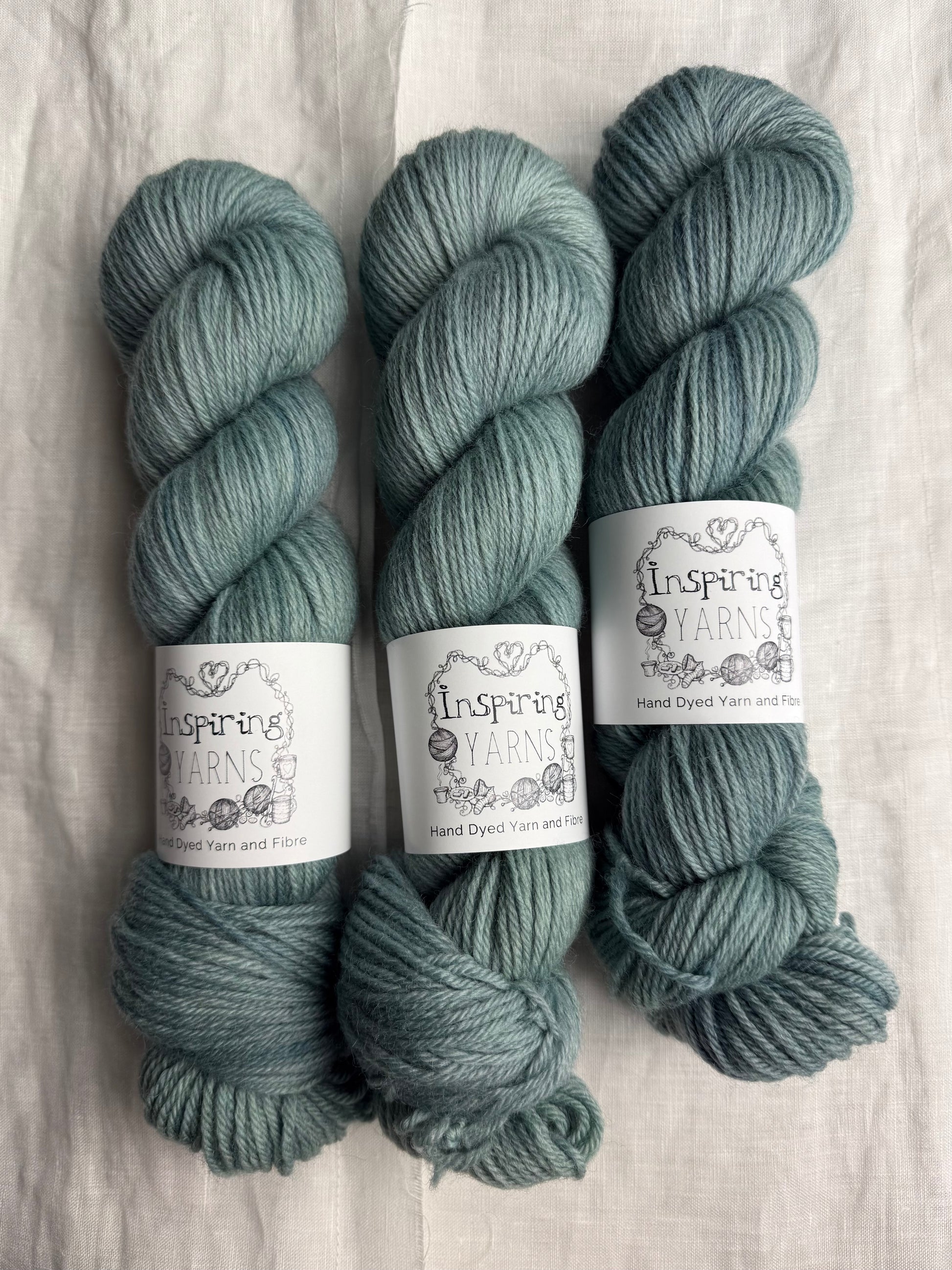 Three skeins of pale teal tonal yarn labelled Inspiring Yarns on a white background