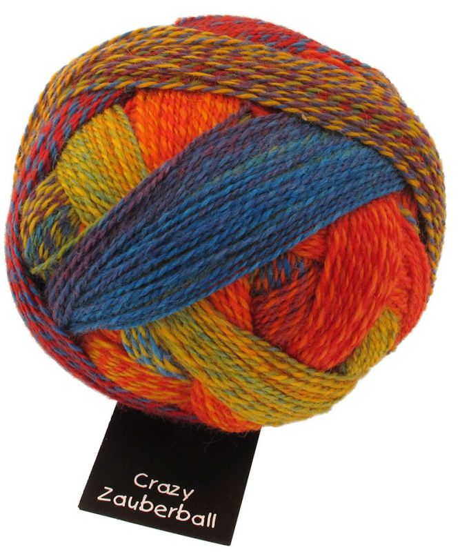 Image shows wound ball of Schoppel Zauberball Crazy 4ply/sock.  The colour is 1702 Small Tortoiseshell/Kleiner Fuchs, with shades of blue, organge, yellow and light green.