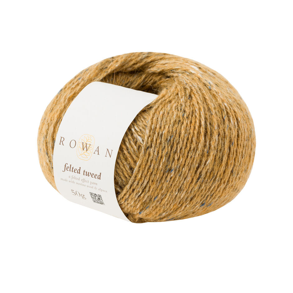 Image shows a ball of Rowan Felted Tweed in shade 193 Cumin, a caramel colour with blue, black and cream flecks.