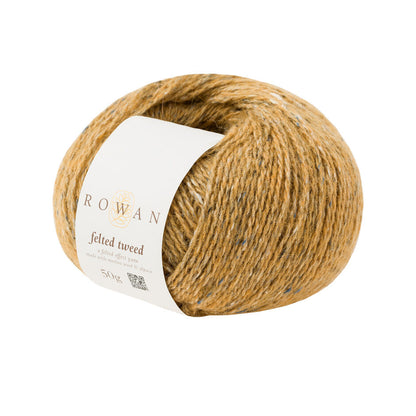 Image shows a ball of Rowan Felted Tweed in shade 193 Cumin, a caramel colour with blue, black and cream flecks.