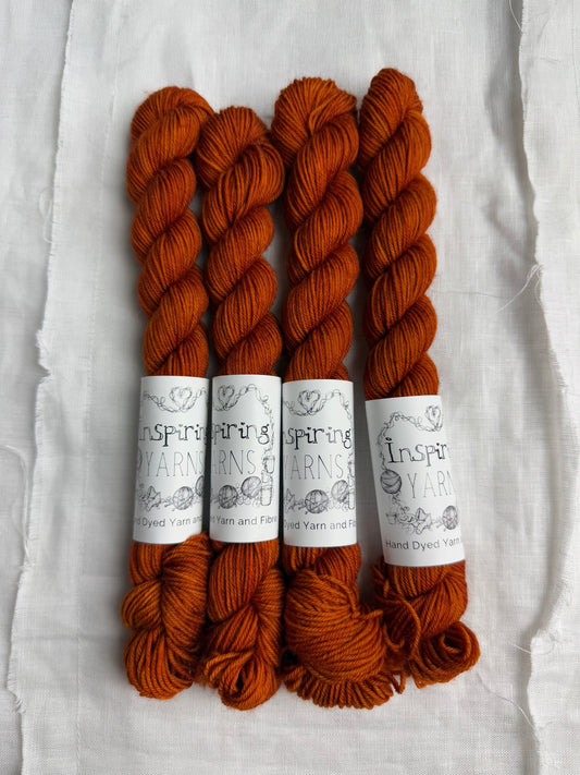 four skeins of tonal burnt orange yarn with inspiring yarns labels on white background. 