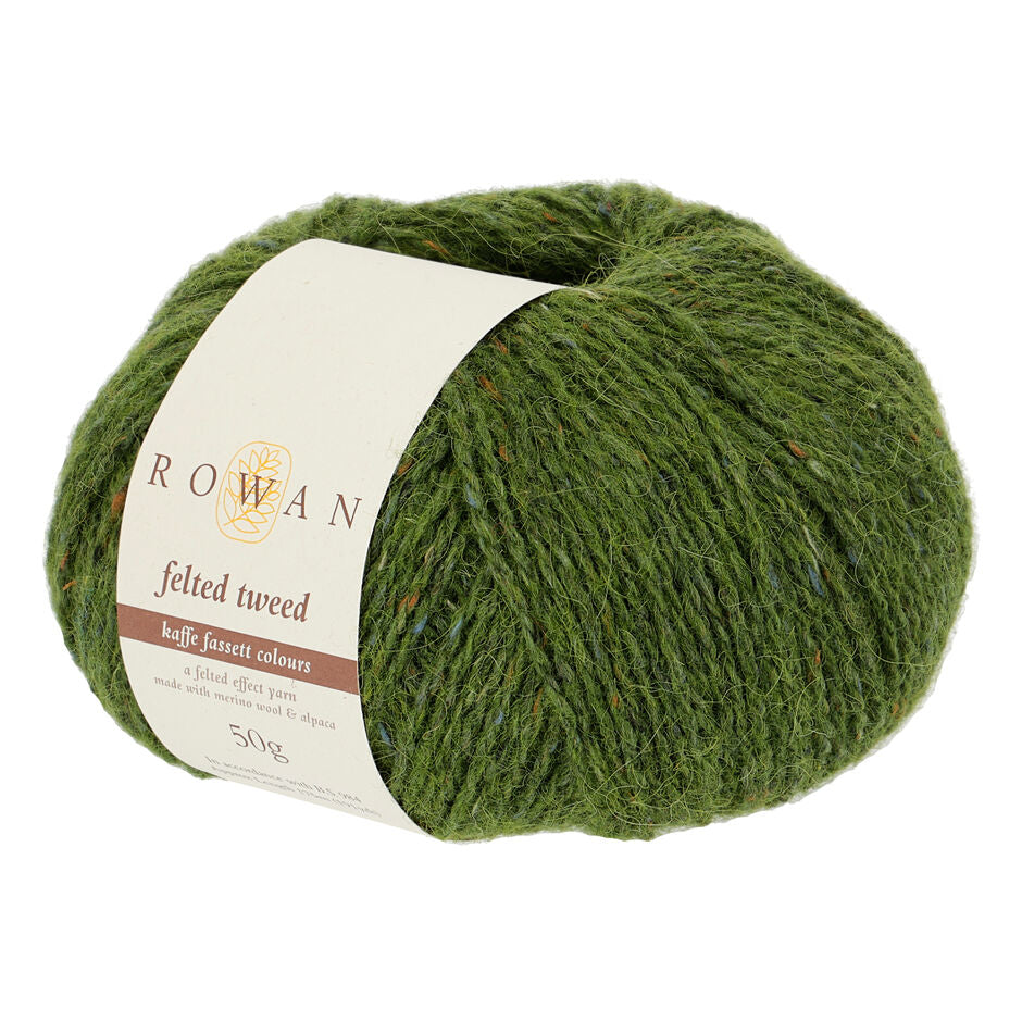 Image shows a ball of Rowan Felted Tweed in shade 205 Lotus Leaf , a mid green with flecks of blue, cream and caramel.