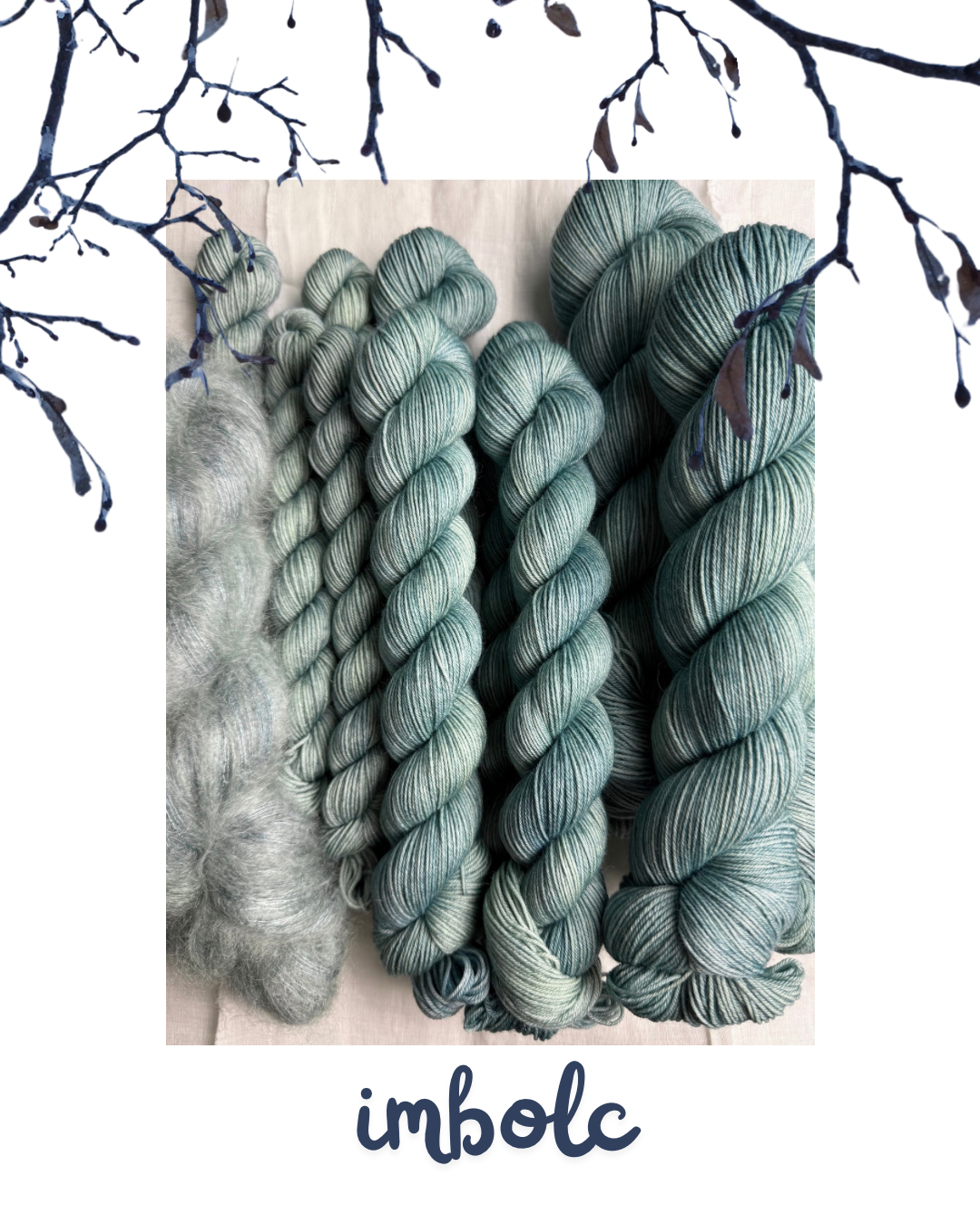 Three skeins of pale teal  yarn on a light background with 'imbolc' text.  A photo of a tree branch is layered on top of the image.