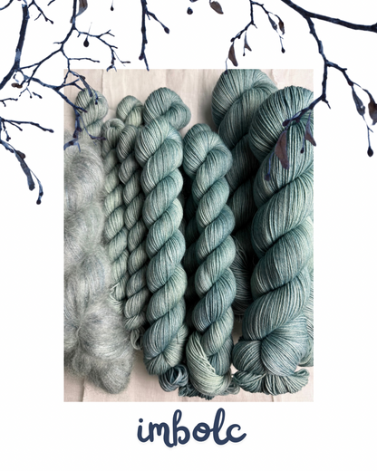 Three skeins of pale teal  yarn on a light background with 'imbolc' text.  A photo of a tree branch is layered on top of the image.