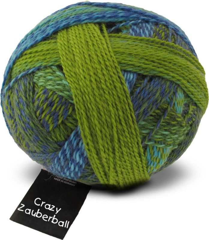 Image shows wound ball of Schoppel Zauberball Crazy 4ply/sock.  The colour is 2136 Spring Has Come/Der Lenz ist da! with shades of apple, leaf greens, turquoise and light navy. 