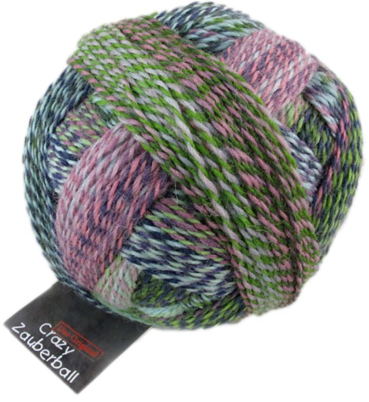 Image shows wound ball of Schoppel Zauberball Crazy 4ply/sock.  The colour is 2170 Not the Foggiest/Blasser Schimmer, with shades of pink, green, dark and light blue.