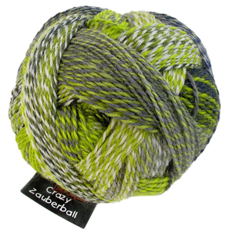 Image shows wound ball of Schoppel Zauberball Crazy 4ply/sock.  The colour is 2204 Green Week/Grune Woche, with shades of green and grey.