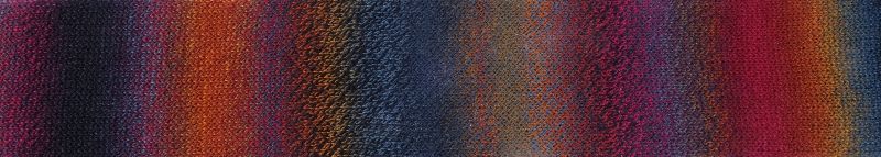 Image shows knitted colour swatch of Schoppel Zauberball Crazy 4ply/sock.  The colour is 2248 Cinnamon Bun/Zimtschnecke,  with shades of orange, rust and slate blue.