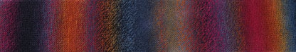 Image shows knitted colour swatch of Schoppel Zauberball Crazy 4ply/sock.  The colour is 2248 Cinnamon Bun/Zimtschnecke,  with shades of orange, rust and slate blue.