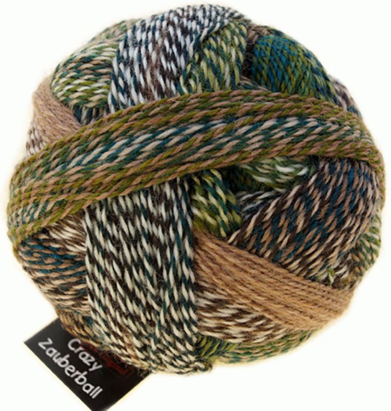 Image shows wound ball of Schoppel Zauberball Crazy 4ply/sock.  The colour is 2250 Jacket and Trousers/Jacke wie Hose with shades of fawn, mid green, brown and neutrals.