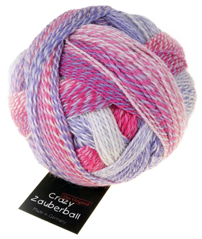 Image shows wound ball of Schoppel Zauberball Crazy 4ply/sock.  The colour is 2254 Cloud No 8/Wolke 8,  with shades of pink, lilac and neutrals.