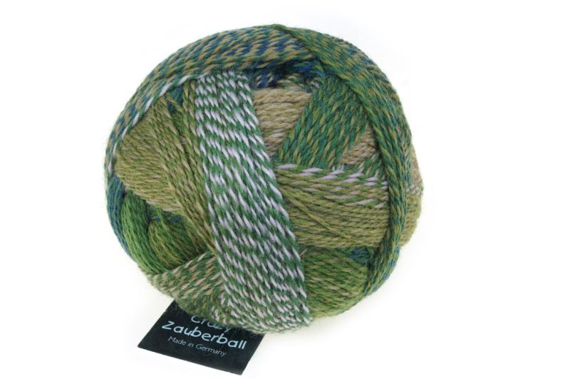 Image shows wound ball of Schoppel Zauberball Crazy 4ply/sock.  The colour is 2292 Shooting Star/Sternschnuppe,  with shades of blues, greens and neutrals.