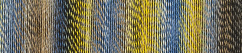 Image shows colour palette for Schoppel Zauberball Crazy 4ply/sock.  The colour is 2332 Hour Glass/Sanduhr  with shades of yellow, blue  and neutrals.