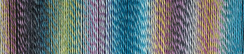 Image shows colour palette for  Schoppel Zauberball Crazy 4ply/sock.  The colour is 2355 Garden Party/Gartenparty, with shades of mauve, blue, turquoise and yellow.