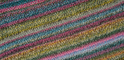 Image shows knitted swatch for  Schoppel Zauberball Crazy 4ply/sock.  The colour is 2389 Anniversary Party/Jubilaumsparty, with shades of yellow, blue, pink and mauve.