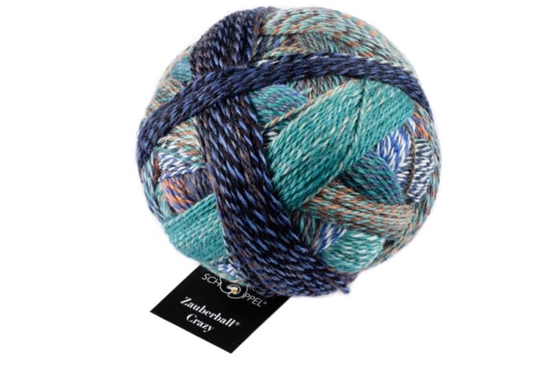 Image shows wound ball of Schoppel Zauberball Crazy 4ply/sock.  The colour is 2395 Camouflage, with shades of dark and light blue, turquoise and orange.