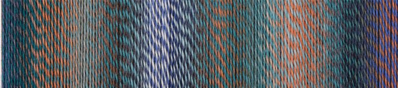Image shows colour palette for  Schoppel Zauberball Crazy 4ply/sock.  The colour is 2395 Camouflage, with shades of dark and light blue, turquoise and orange.