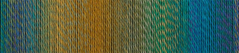Image shows colour palette for  Schoppel Zauberball Crazy 4ply/sock.  The colour is 2404 Deep Water/Tiefe Wasser, with shades of blue, turquoise, green and yellow.
