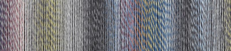 Image shows colour palette for Schoppel Zauberball Crazy 4ply/sock.  The colour is 2427 Foehn Weather/Fuhnlage, with shades of grey, pink, lemon, blue and neutrals.