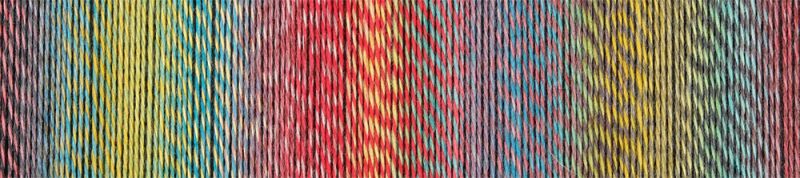 Image shows colour palette for Schoppel Zauberball Crazy 4ply/sock.  The colour is 2429 Chaange of Scenery/Tapetenweschsel, with shades of coral, yellow, blue/grey.