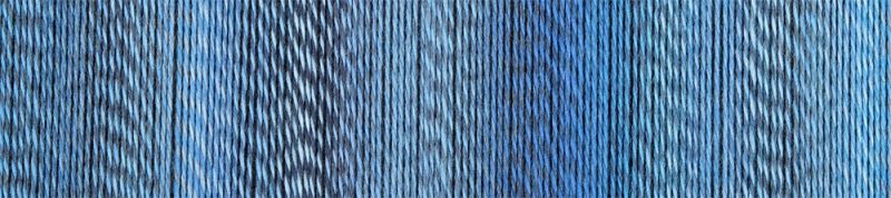Image shows colour palette for  Schoppel Zauberball Crazy 4ply/sock.  The colour is 2438 Indigo, with shades of light and dark blue and grey.