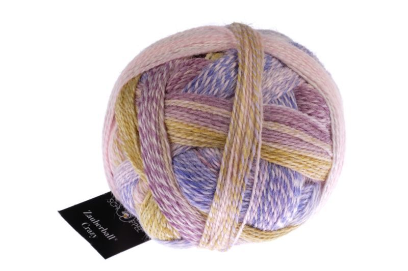 Image shows wound ball of Schoppel Zauberball Crazy 4ply/sock.  The colour is 2473 Attractant/Lockstoff, with shades of cornflower, lilac, yellow and cream.