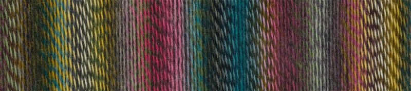 Image shows colour palette for Schoppel Zauberball Crazy 4ply/sock.  The colour is 2528 Dragon Eye/Drachenauge, with shades of blue, green, yellow and pink.