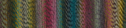 Image shows colour palette for Schoppel Zauberball Crazy 4ply/sock.  The colour is 2528 Dragon Eye/Drachenauge, with shades of blue, green, yellow and pink.