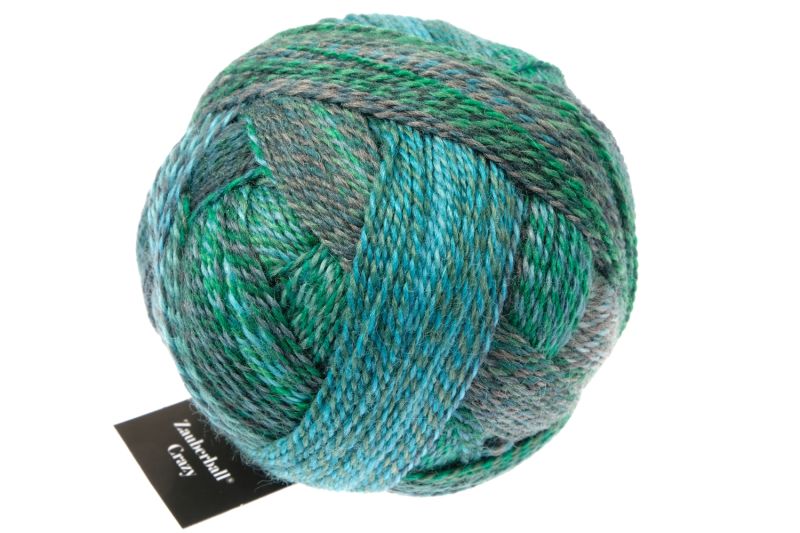 Image shows wound ball of Schoppel Zauberball Crazy 4ply/sock.  The colour is 2542 Cool Botanical Garden by Kieran Foley, with shades of blue, green and purple.