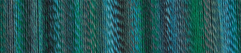 Image shows colour palette for  Schoppel Zauberball Crazy 4ply/sock.  The colour is 2542 Cool Botanical Garden by Kieran Foley, with shades of blue, green and purple.