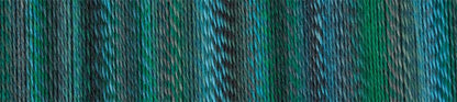Image shows colour palette for  Schoppel Zauberball Crazy 4ply/sock.  The colour is 2542 Cool Botanical Garden by Kieran Foley, with shades of blue, green and purple.