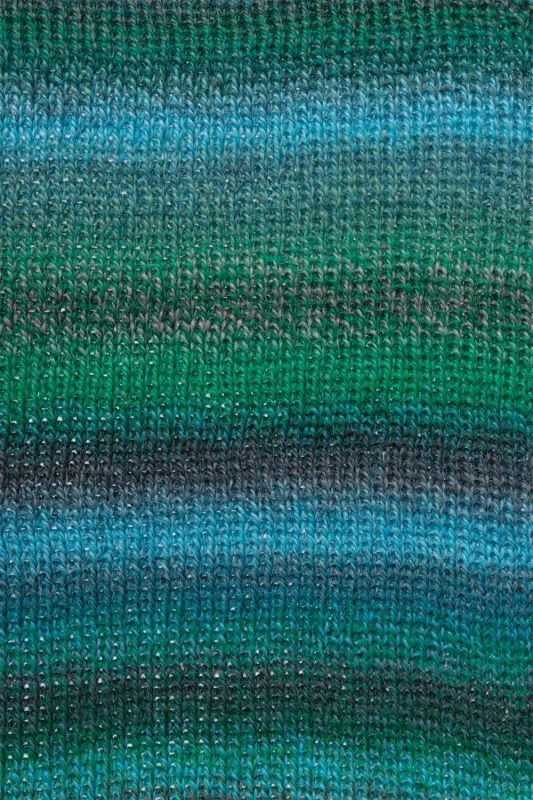 Image shows knitted swatch for  Schoppel Zauberball Crazy 4ply/sock.  The colour is 2542 Cool Botanical Garden by Kieran Foley, with shades of blue, green and purple.