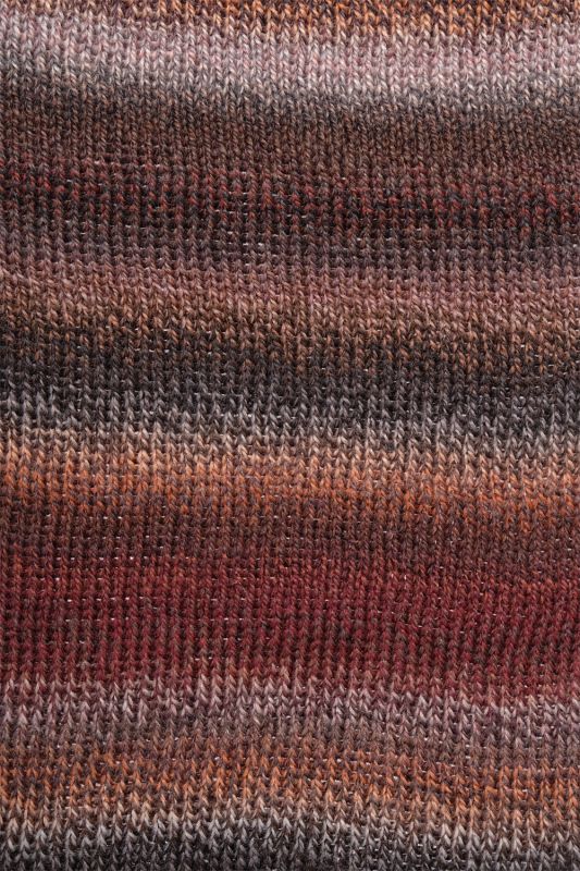 Image shows knitted swatch for  Schoppel Zauberball Crazy 4ply/sock.  The colour is 2544 Late Autumn by Kieran Foley, with shades of brown, grey and neutrals.