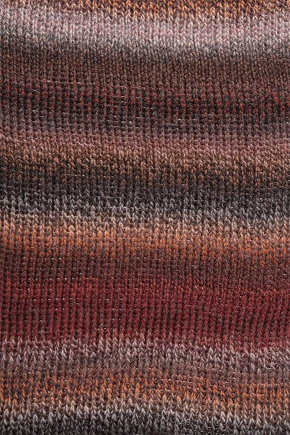Image shows knitted swatch for  Schoppel Zauberball Crazy 4ply/sock.  The colour is 2544 Late Autumn by Kieran Foley, with shades of brown, grey and neutrals.