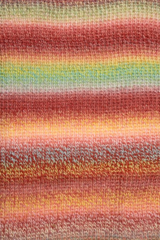 Image shows knitted swatch for Schoppel Zauberball Crazy 4ply/sock.  The colour is 2545 Early Autumn by Kieran Foley, with shades of tan, yellow and light blue.