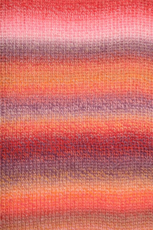 Image shows knitted swatch for Schoppel Zauberball Crazy 4ply/sock.  The colour is , with shades of peach, pink and mauve.