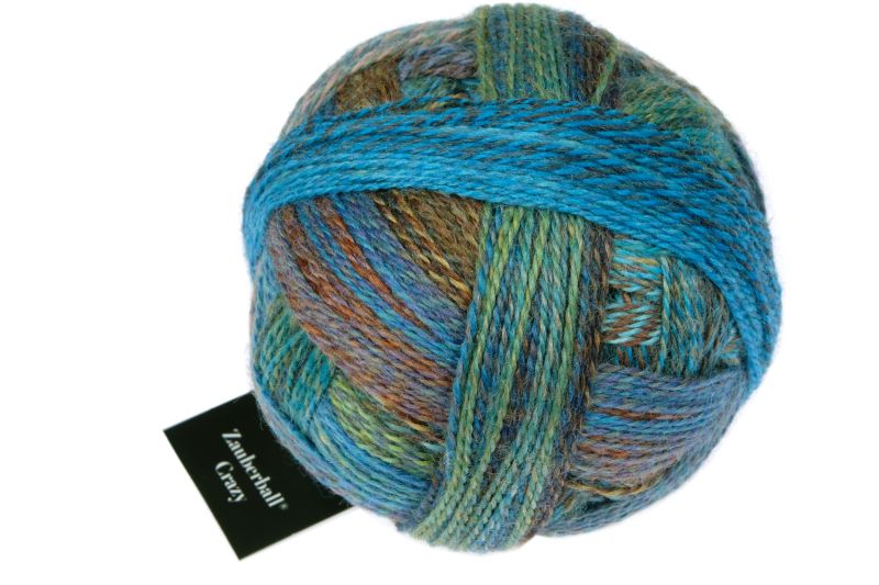 Image shows wound ball of Schoppel Zauberball Crazy 4ply/sock.  The colour is 2623 Early Bird/Fruhaufstcher, with shades of mid blue, green and lemon.