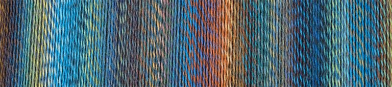 Image shows colour palette for  Schoppel Zauberball Crazy 4ply/sock.  The colour is 2623 Early Bird/Fruhaufstcher, with shades of mid blue, green and lemon.