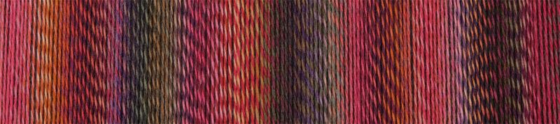 Image shows colour palette for Schoppel Zauberball Crazy 4ply/sock.  The colour is 2631 Italian Sunset, with shades of pink, purple and olive green
